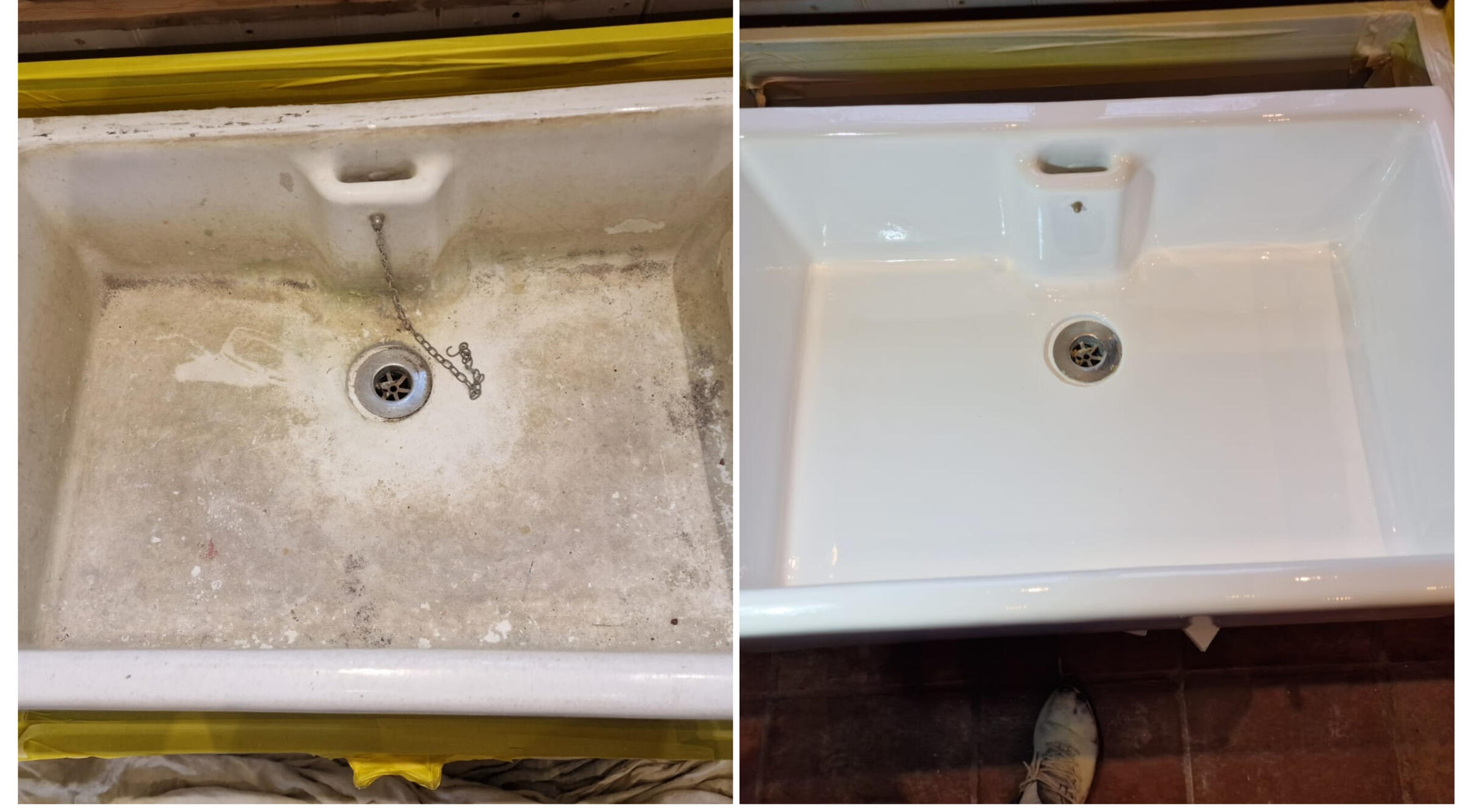 BEFORE AND AFTER PHOTOS OF A KITCHEN CERAMIC BELFAST SINK, WAS DAMAGED AND FULL OF CHIPS, FULLY RESORED TO A LIKE NEW FINISH IN Portsmouth