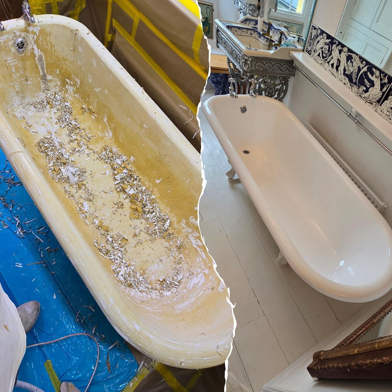 Before and after Victorian cast iron roll top bath re-enamelling in Portsmouth - Northend
