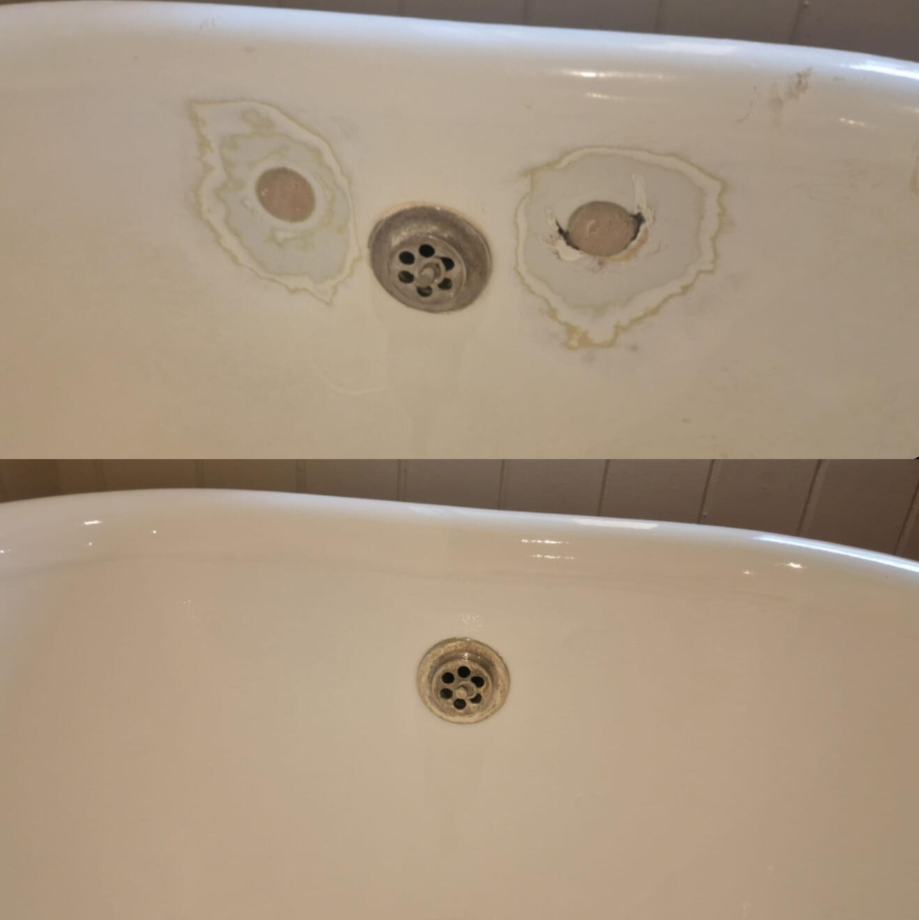 BEFORE AND AFTER PICTURES OF A CAST IRON BATH TAP HOLES FILLED AND REPAIRED Before and after cast iron bath tap holes filled and repaired in Portsmouth