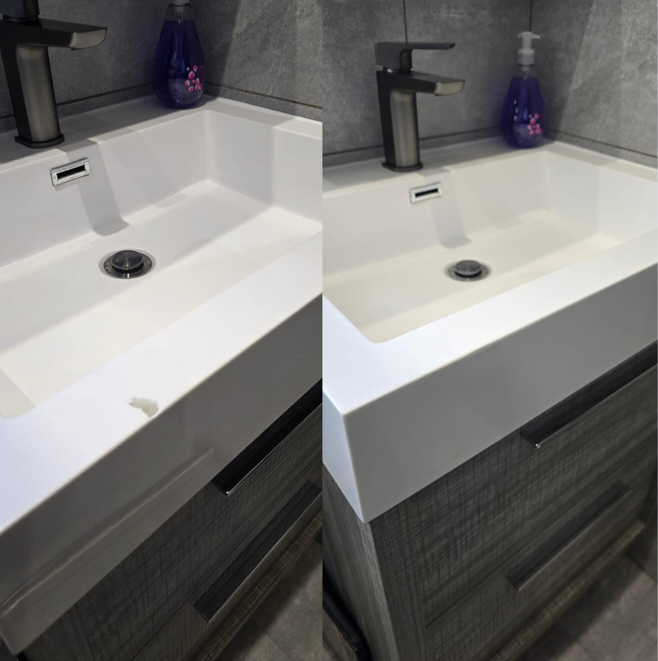 Before and after composite bathroom basin chip repair in Portsmouth