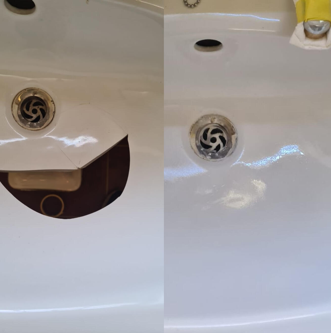 before and after pictures of a ceramic sink crack repair Before and after ceramic sink crack repair in Warerlooville, Portsmouth
